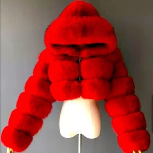 Red Faux fur coat NEVER WORN